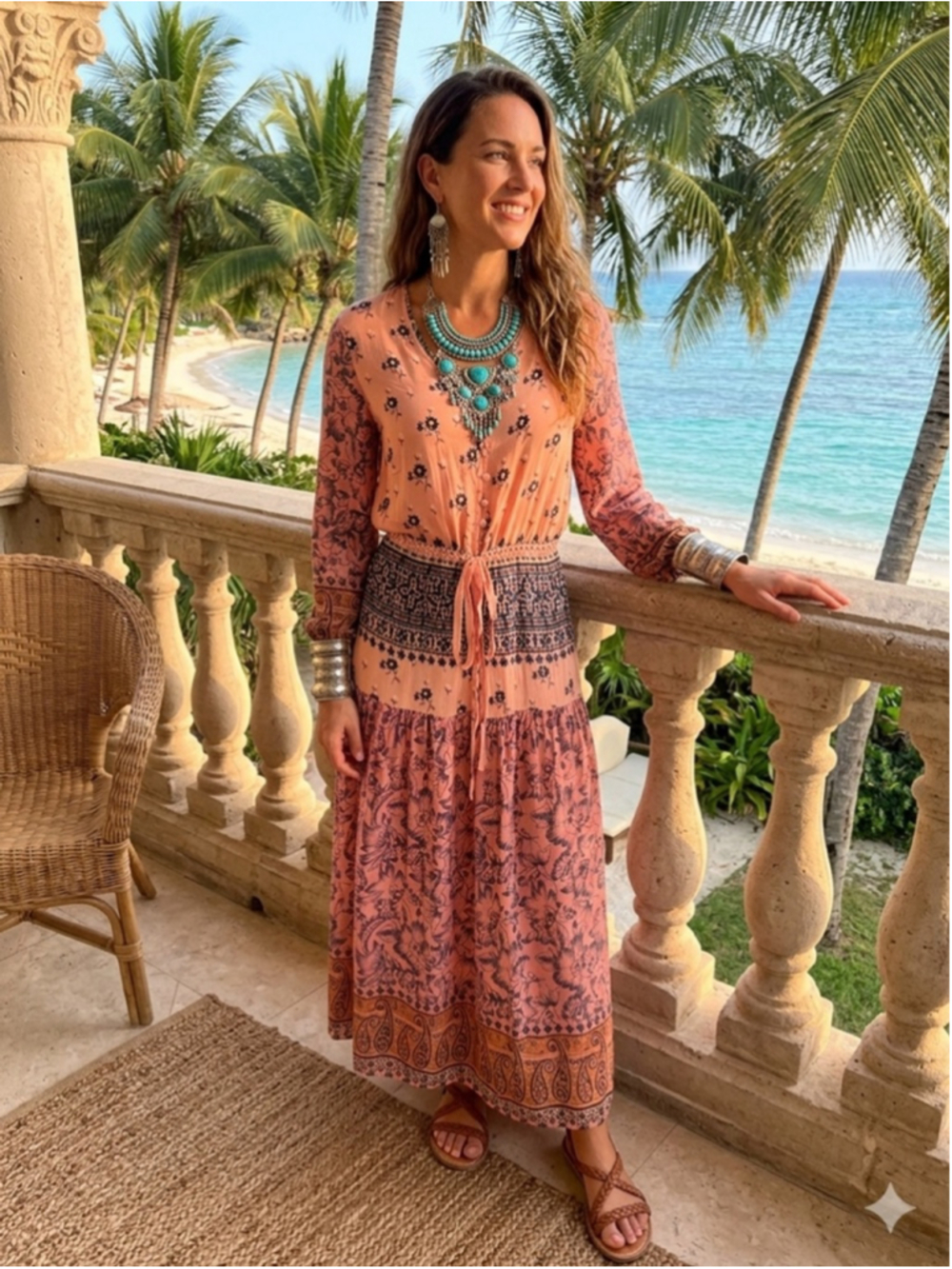 Mia Moda Boho Floral Tiered Maxi Dress Small Pink Distressed Coral Peasant Festi